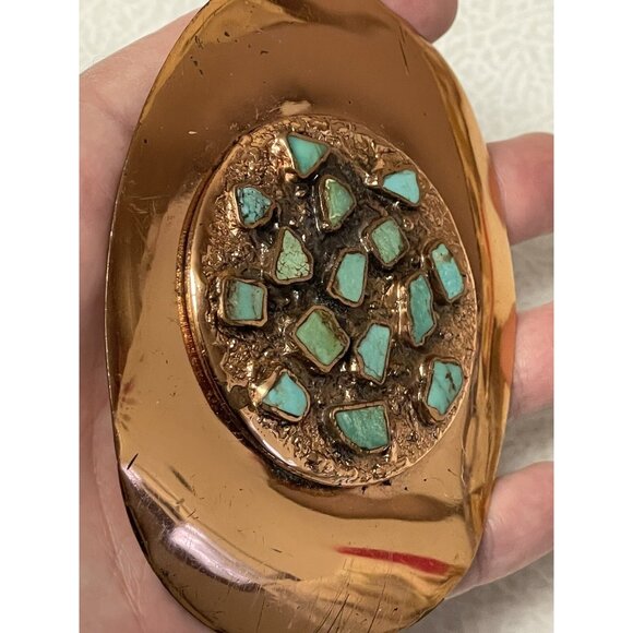 Vintage Belt Buckle Solid Copper Turquoise Inlay Nickel Silver Bell - Picture 9 of 16